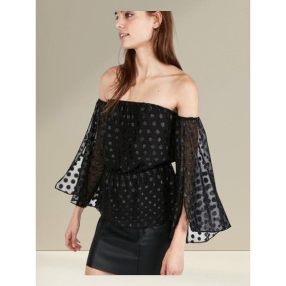 NWT Express Off Shoulder Blouse M Black Metallic Dot Mesh Sleeve Date Night Top - Picture 1 of 7